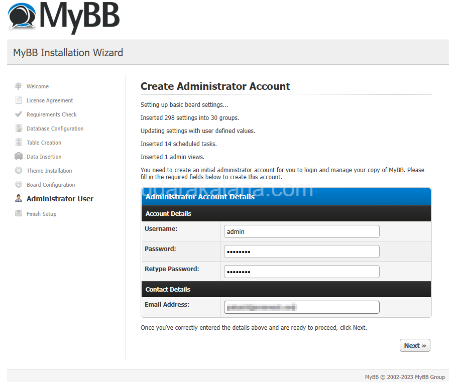 creating admin account for mybb