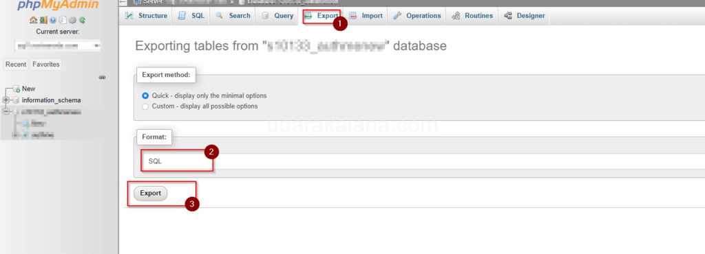 export database using phpmyadmin dashboard